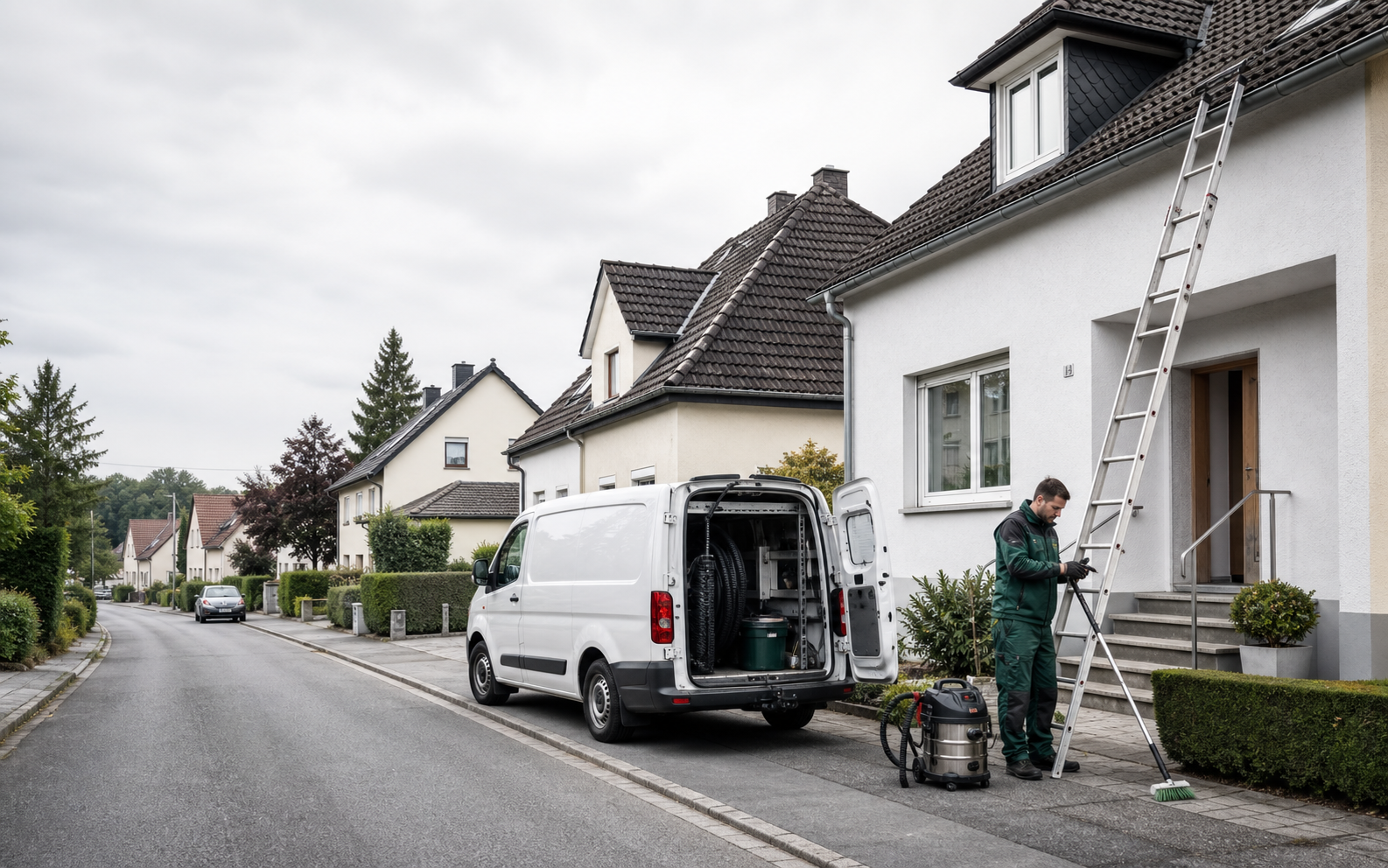 Ein Handwerker bereitet einen Einsatz in einer Wohnstraße vor